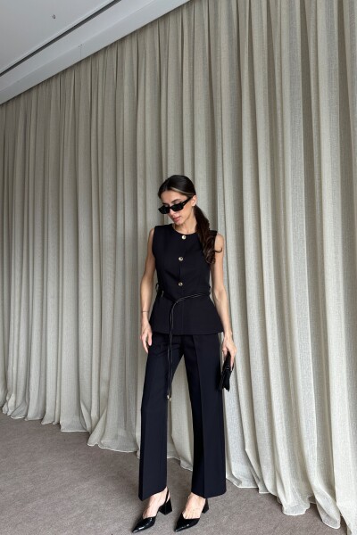 Kemer Detaylı Yelek Pantolon İkili Takım - Siyah 