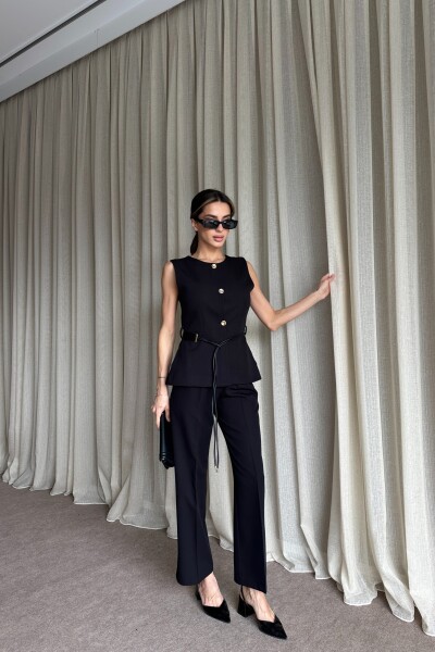 Kemer Detaylı Yelek Pantolon İkili Takım - Siyah - 2
