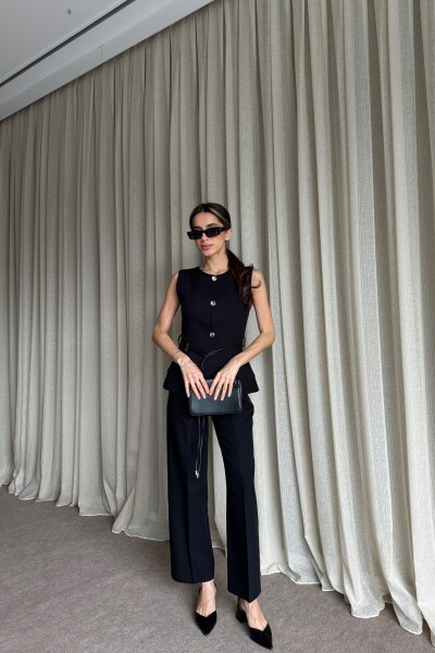 Kemer Detaylı Yelek Pantolon İkili Takım - Siyah - 3