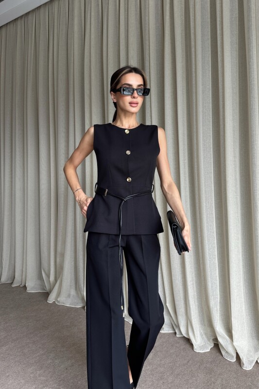 Kemer Detaylı Yelek Pantolon İkili Takım - Siyah - 4