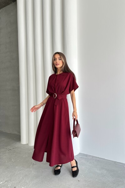 Kemer Detaylı Yırtmaçlı Midi Elbise - Bordo - MAT Collection