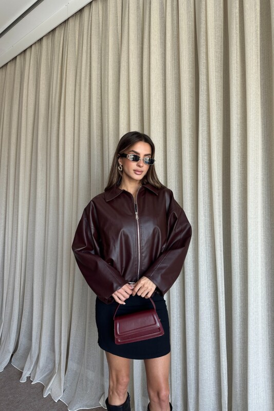 Kemerli Bomber Deri Ceket - Bordo - 1
