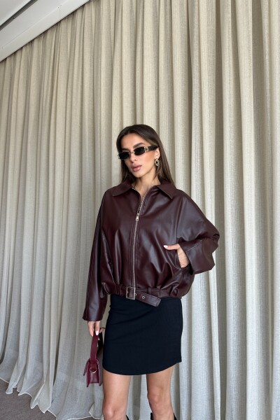 Kemerli Bomber Deri Ceket - Bordo - 2