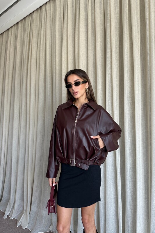 Kemerli Bomber Deri Ceket - Bordo - 2