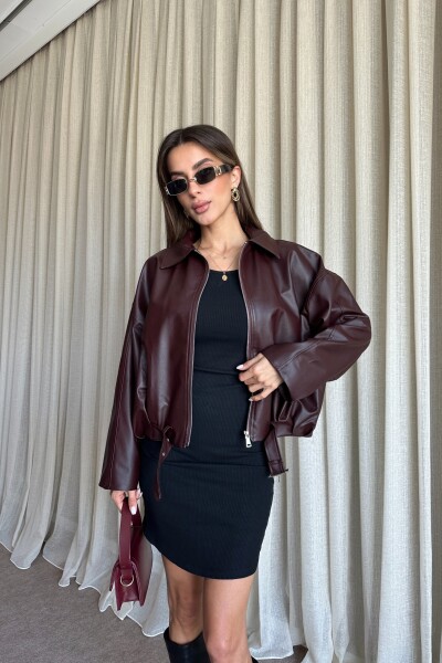 Kemerli Bomber Deri Ceket - Bordo - 3