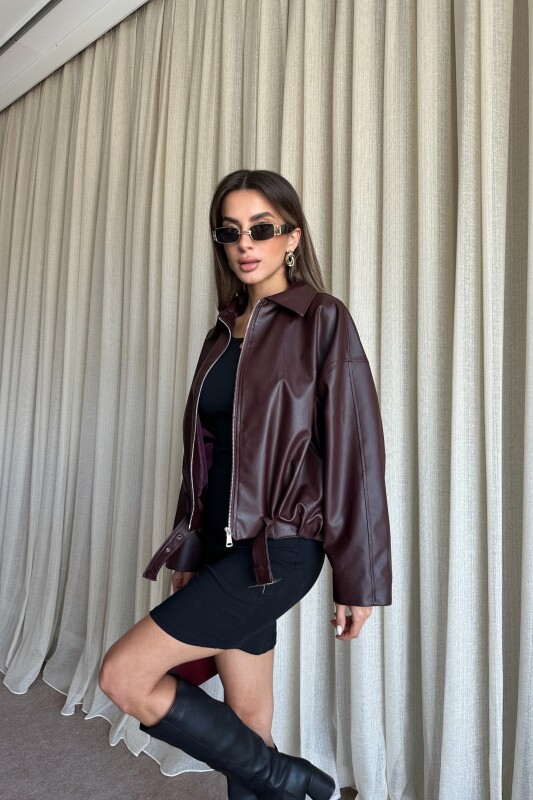 Kemerli Bomber Deri Ceket - Bordo - 4