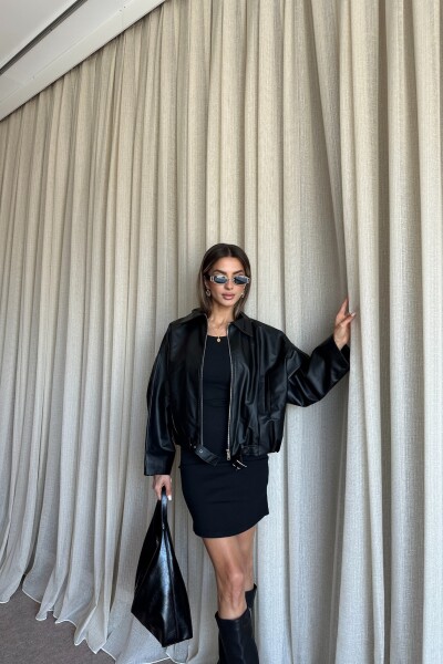 Kemerli Bomber Deri Ceket - Siyah - MAT Collection