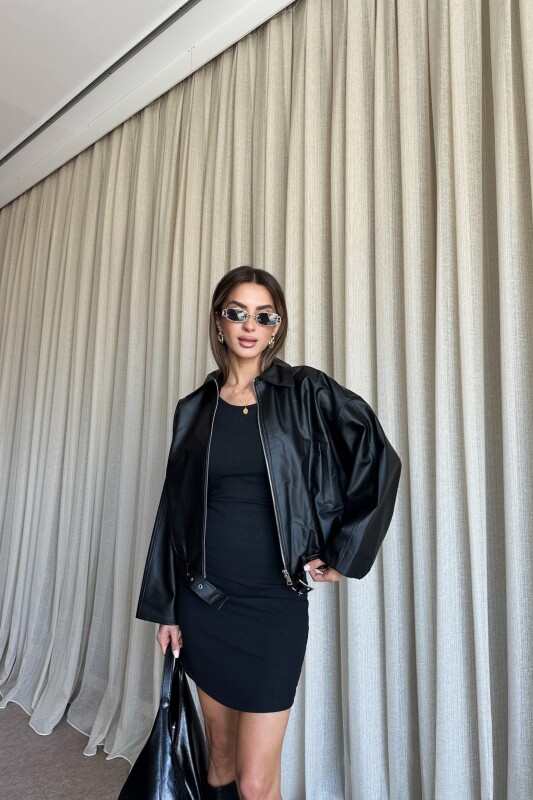 Kemerli Bomber Deri Ceket - Siyah - 2