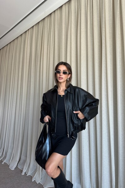 Kemerli Bomber Deri Ceket - Siyah - 3