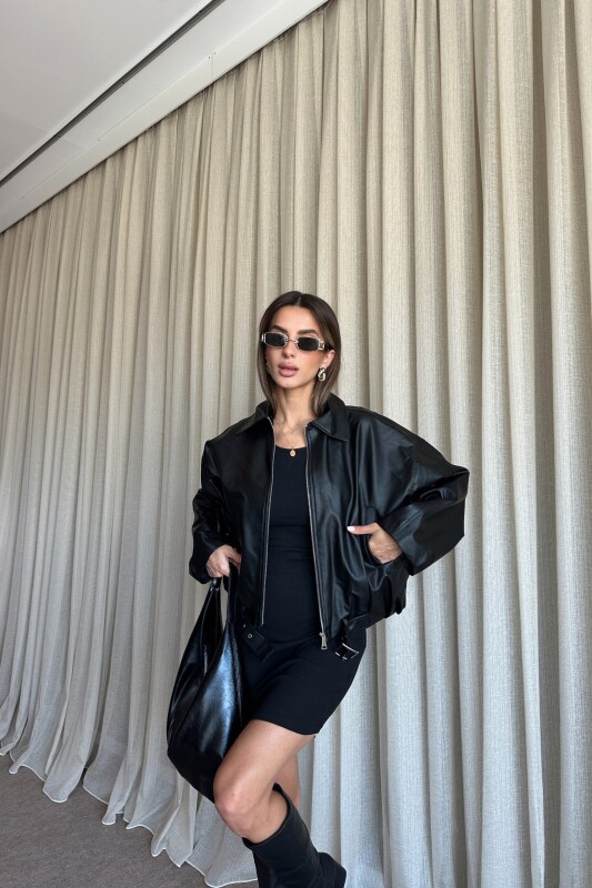 Kemerli Bomber Deri Ceket - Siyah - 3