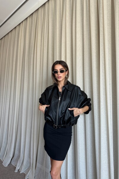 Kemerli Bomber Deri Ceket - Siyah - 4