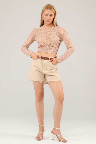 Kemerli Cep Detaylı Kot Şort - Bej - MAT Collection