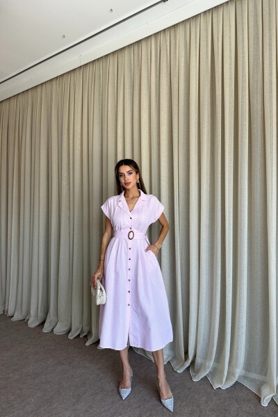 Kemerli Cepli Çizgi Detaylı Gömlek Elbise - Pembe - MAT Collection
