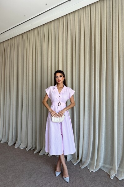 Kemerli Cepli Çizgi Detaylı Gömlek Elbise - Pembe - 2