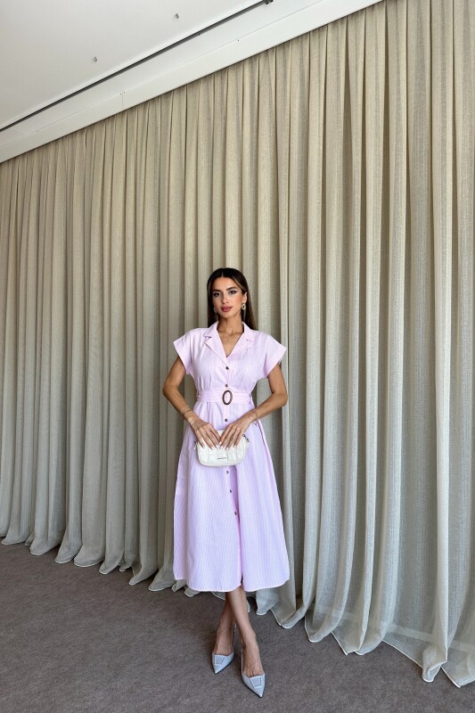 Kemerli Cepli Çizgi Detaylı Gömlek Elbise - Pembe - 2