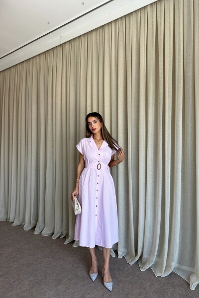 Kemerli Cepli Çizgi Detaylı Gömlek Elbise - Pembe - 3