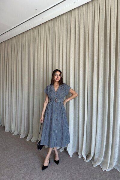 Kemerli Cepli Çizgi Detaylı Gömlek Elbise - Siyah - MAT Collection