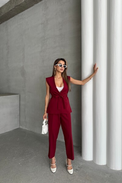 Kemerli Pantolon Kuşaklı Yelek İkili Takım - Bordo - MAT Collection