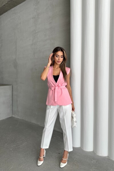 Kemerli Pantolon Kuşaklı Yelek İkili Takım - Pembe - MAT Collection