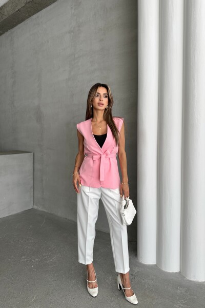 Kemerli Pantolon Kuşaklı Yelek İkili Takım - Pembe - 3