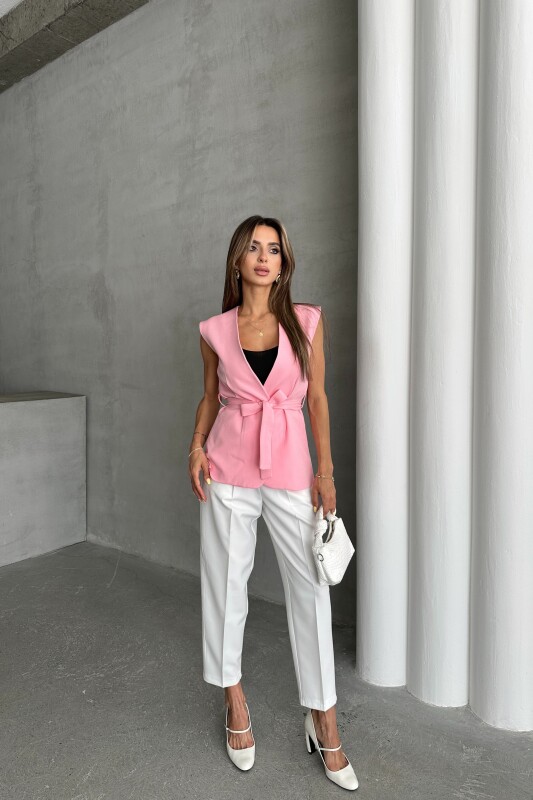 Kemerli Pantolon Kuşaklı Yelek İkili Takım - Pembe - 3