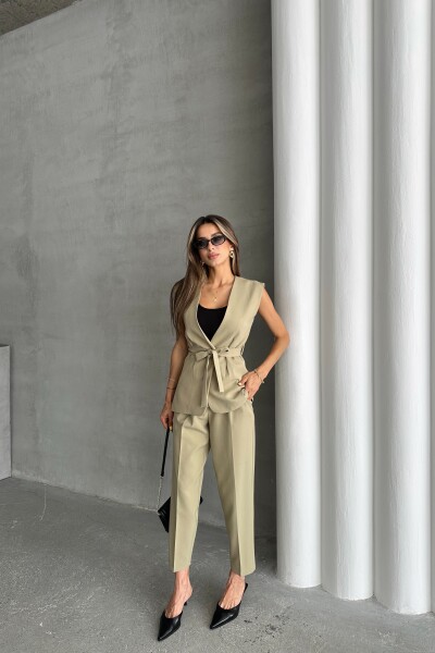 Kemerli Pantolon Kuşaklı Yelek İkili Takım - Yağ Yeşil - MAT Collection