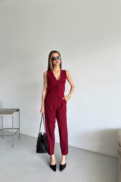 Kemerli Yelek Pantolon İkili Takım - Bordo - MAT Collection