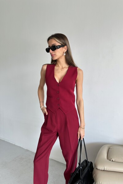 Kemerli Yelek Pantolon İkili Takım - Bordo - 3