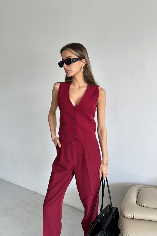 Kemerli Yelek Pantolon İkili Takım - Bordo - 3