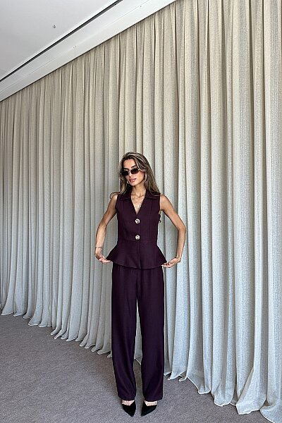  Keten Düğmeli Yelek Pantolon Takım - Mürdüm - MAT Collection