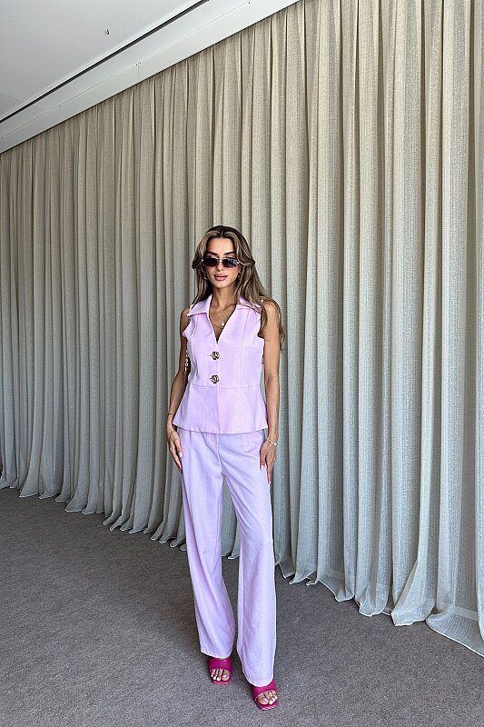 Keten Düğmeli Yelek Pantolon Takım - Pembe - 1