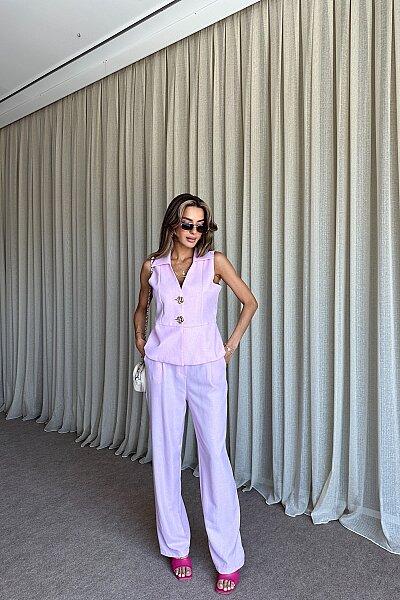 Keten Düğmeli Yelek Pantolon Takım - Pembe - 3