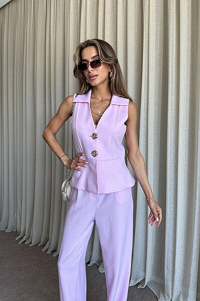 Keten Düğmeli Yelek Pantolon Takım - Pembe - 4