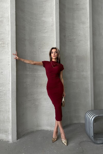 Kısa Kollu Drapeli Midi Elbise - Bordo - MAT Collection