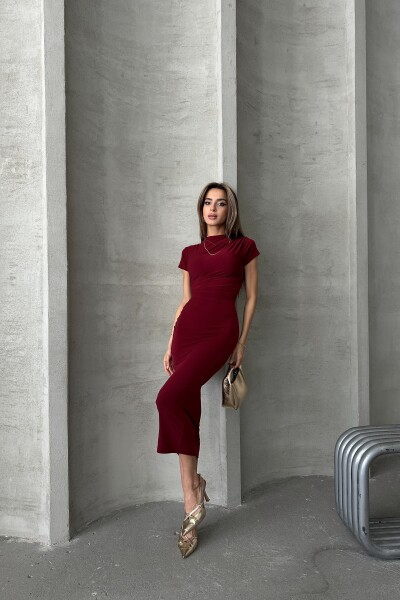 Kısa Kollu Drapeli Midi Elbise - Bordo - 2