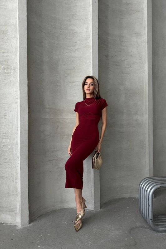 Kısa Kollu Drapeli Midi Elbise - Bordo - 2