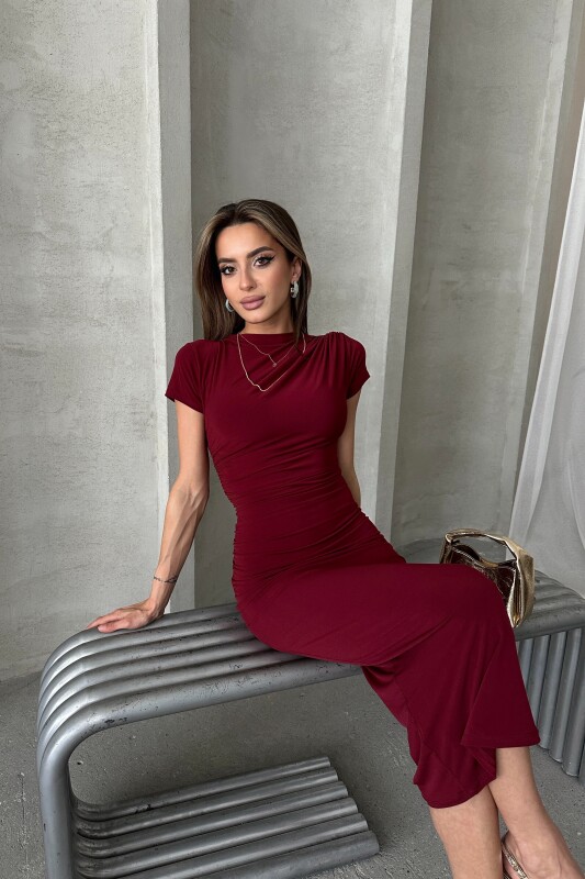 Kısa Kollu Drapeli Midi Elbise - Bordo - 4