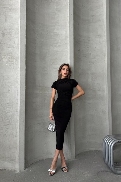 Kısa Kollu Drapeli Midi Elbise - Siyah - MAT Collection