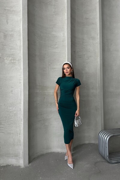 Kısa Kollu Drapeli Midi Elbise - Yeşil - MAT Collection
