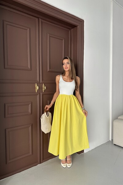 Kolsuz Kloş Etekli Elbise - Sarı - 3