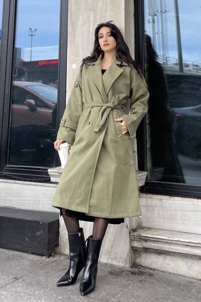Kruvaze Yaka Cepli Kuşaklı Kaşe Uzun Kaban - Haki - MAT Collection