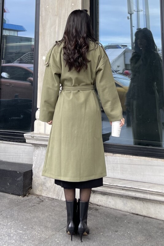 Kruvaze Yaka Cepli Kuşaklı Kaşe Uzun Kaban - Haki - 4