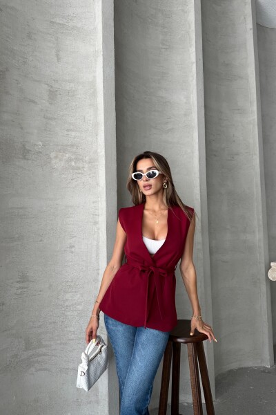 Kuşaklı Astarlı Uzun Yelek - Bordo - MAT Collection