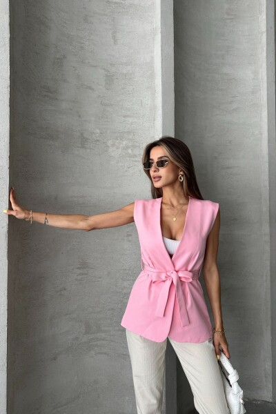 Kuşaklı Astarlı Uzun Yelek - Pembe - MAT Collection