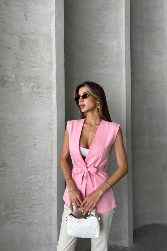 Kuşaklı Astarlı Uzun Yelek - Pembe - 4