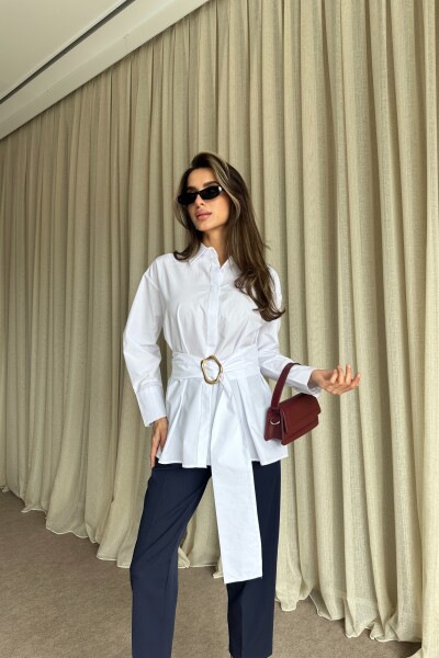 Kuşaklı Uzun Gömlek - Beyaz - MAT Collection