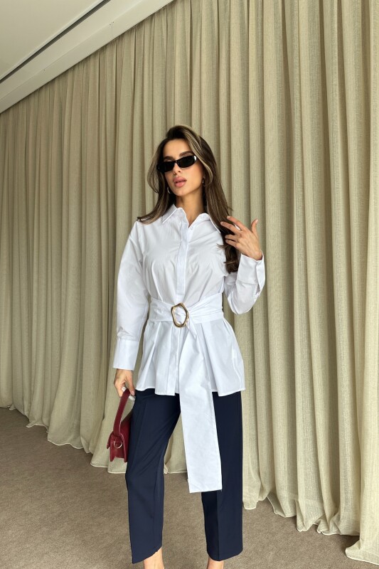 Kuşaklı Uzun Gömlek - Beyaz - 2