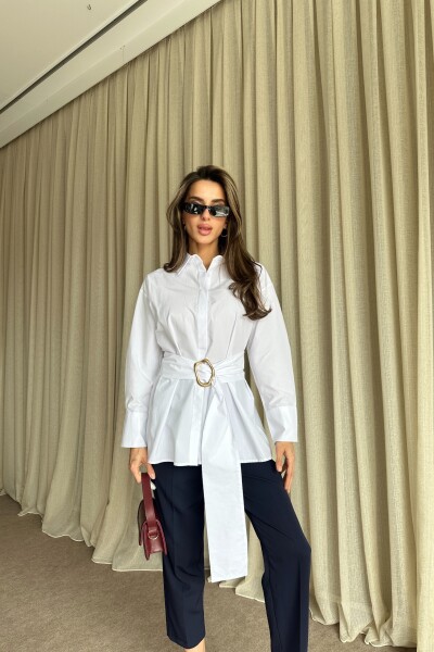 Kuşaklı Uzun Gömlek - Beyaz - 3