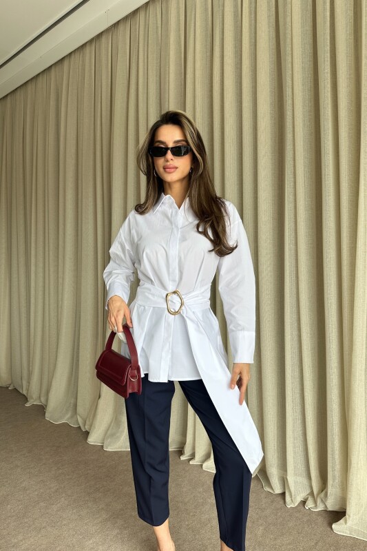 Kuşaklı Uzun Gömlek - Beyaz - 4