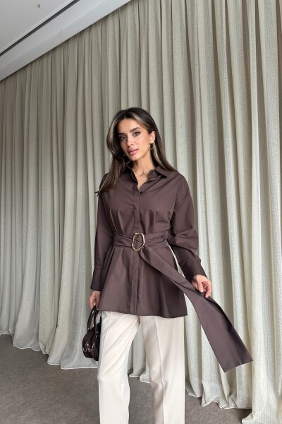 Kuşaklı Uzun Gömlek - Kahve - MAT Collection